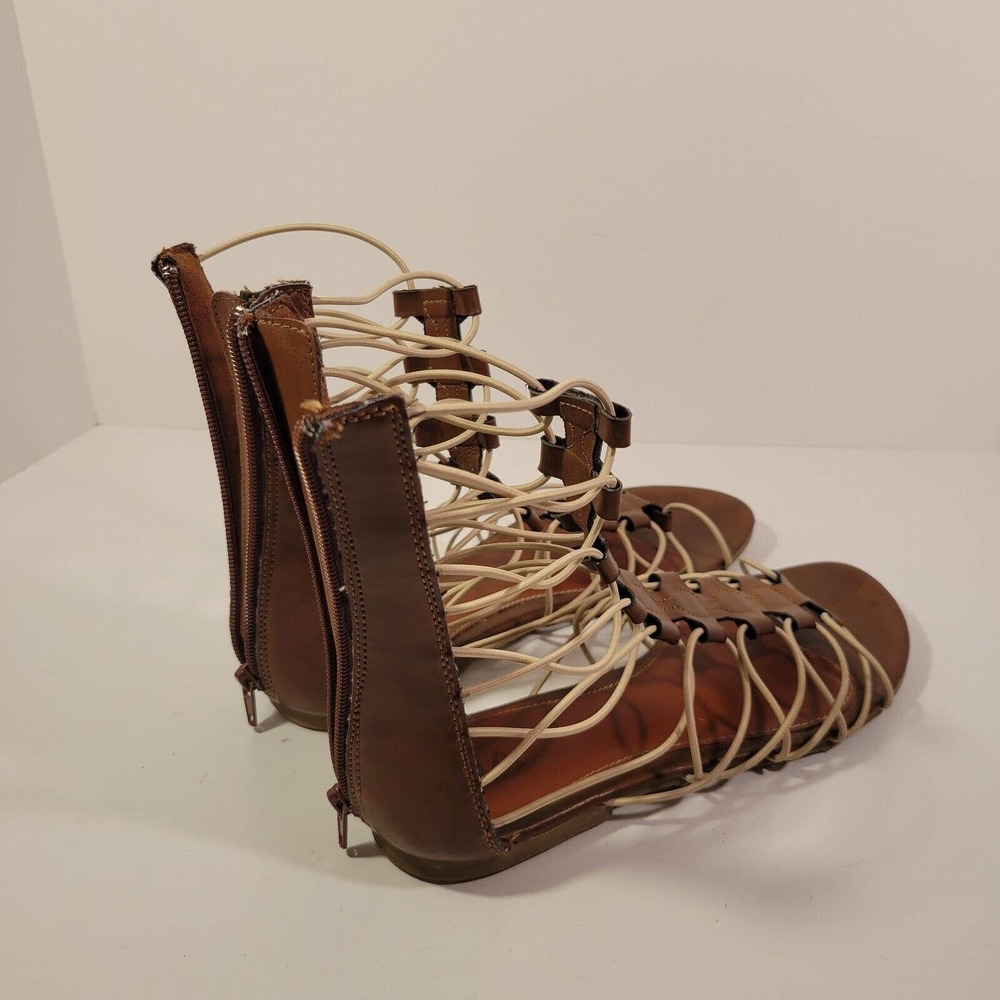 MIA Open Toe Gladiator Sandals Size 9 Brown Beige Zipper Back Elastic Straps